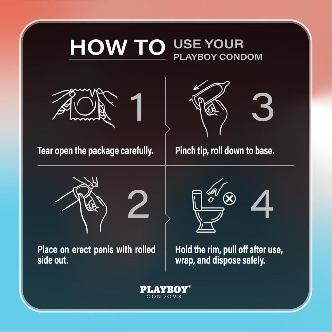 Instructional graphic for Playboy Condoms - Ultra Light XL Extra Large: 1) Open pack, 2) Place on erect penis rolled side out, 3) Pinch tip and roll down to base, 4) Remove after use, wrap condom, and dispose in a bin.