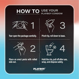 Instructional graphic for Playboy Condoms - Ultra Light XL Extra Large: 1) Open pack, 2) Place on erect penis rolled side out, 3) Pinch tip and roll down to base, 4) Remove after use, wrap condom, and dispose in a bin.