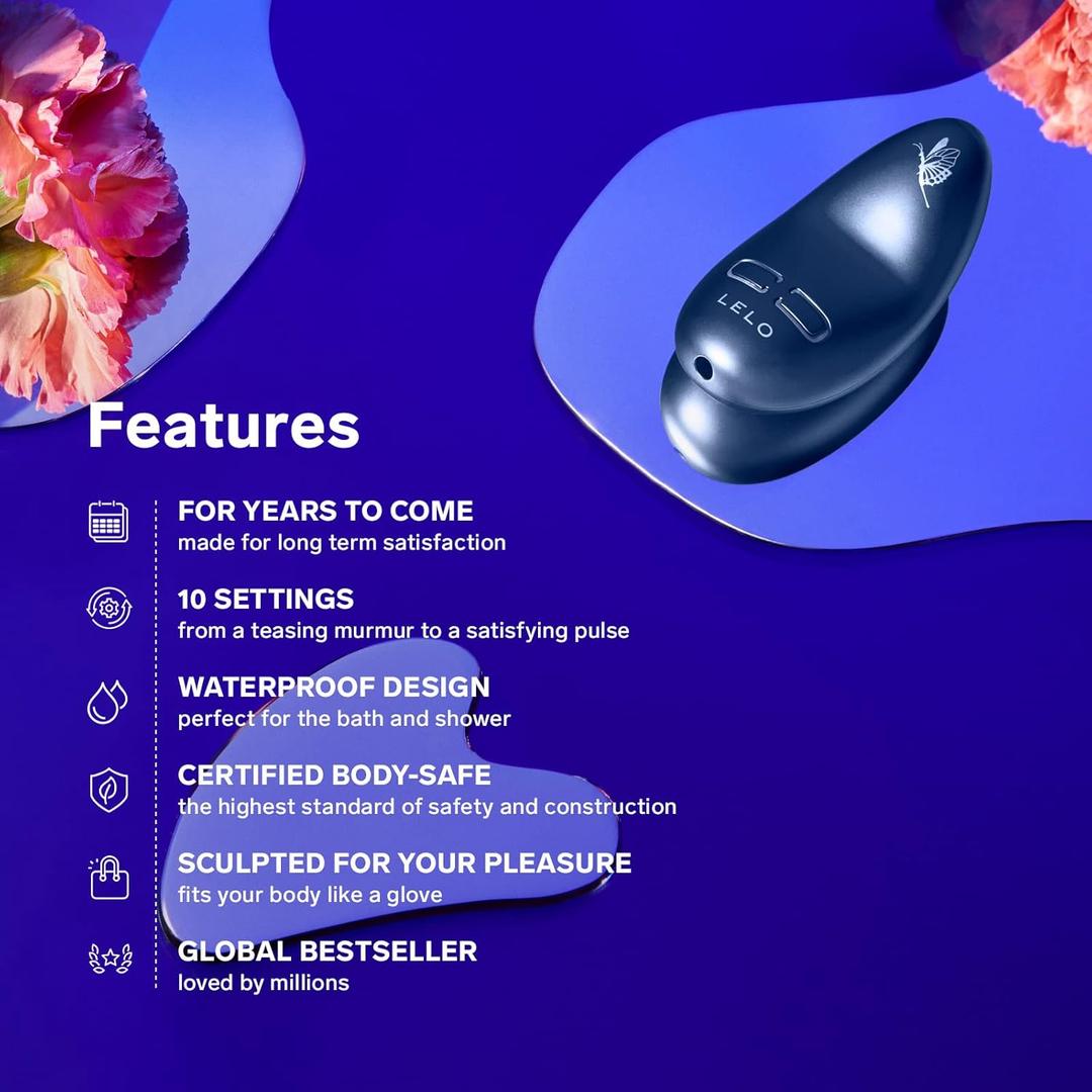 A LELO Nea 3 in Alien Blue rests on a reflective purple surface with pink flowers nearby. Text showcases its durability, 10 pleasure settings, waterproof and body-safe design, ergonomic shape, and global bestseller status.