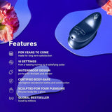A LELO Nea 3 in Alien Blue rests on a reflective purple surface with pink flowers nearby. Text showcases its durability, 10 pleasure settings, waterproof and body-safe design, ergonomic shape, and global bestseller status.