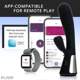 A promotional image features the sleek, black OhMiBod Fuse Interactive Dual Stimulator with Bluetooth-enabled connectivity, positioned beside a smartphone and smartwatch displaying the compatible app interface. The text emphasizes the device's dual stimulation capabilities and its compatibility with both iOS and Android for remote play.