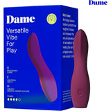 A product image shows the Dame Dip 2.0 Bullet Vibrator Plum by Dame Products, highlighting its features: ergonomic design, USB-C rechargeable capability, and medical-grade silicone. The purple vibrator elegantly rests beside its blue box.