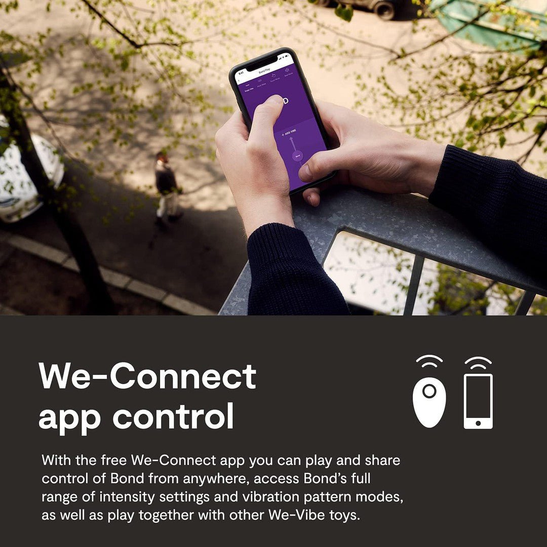 On a balcony, a person holds their smartphone with the We-Connect app open, showcasing various control options. The text below explains that the app enables remote control of We-Vibe products, including features such as intensity settings and vibration patterns specifically designed for devices like the We-Vibe Bond App Controlled Vibrating Cock Ring.