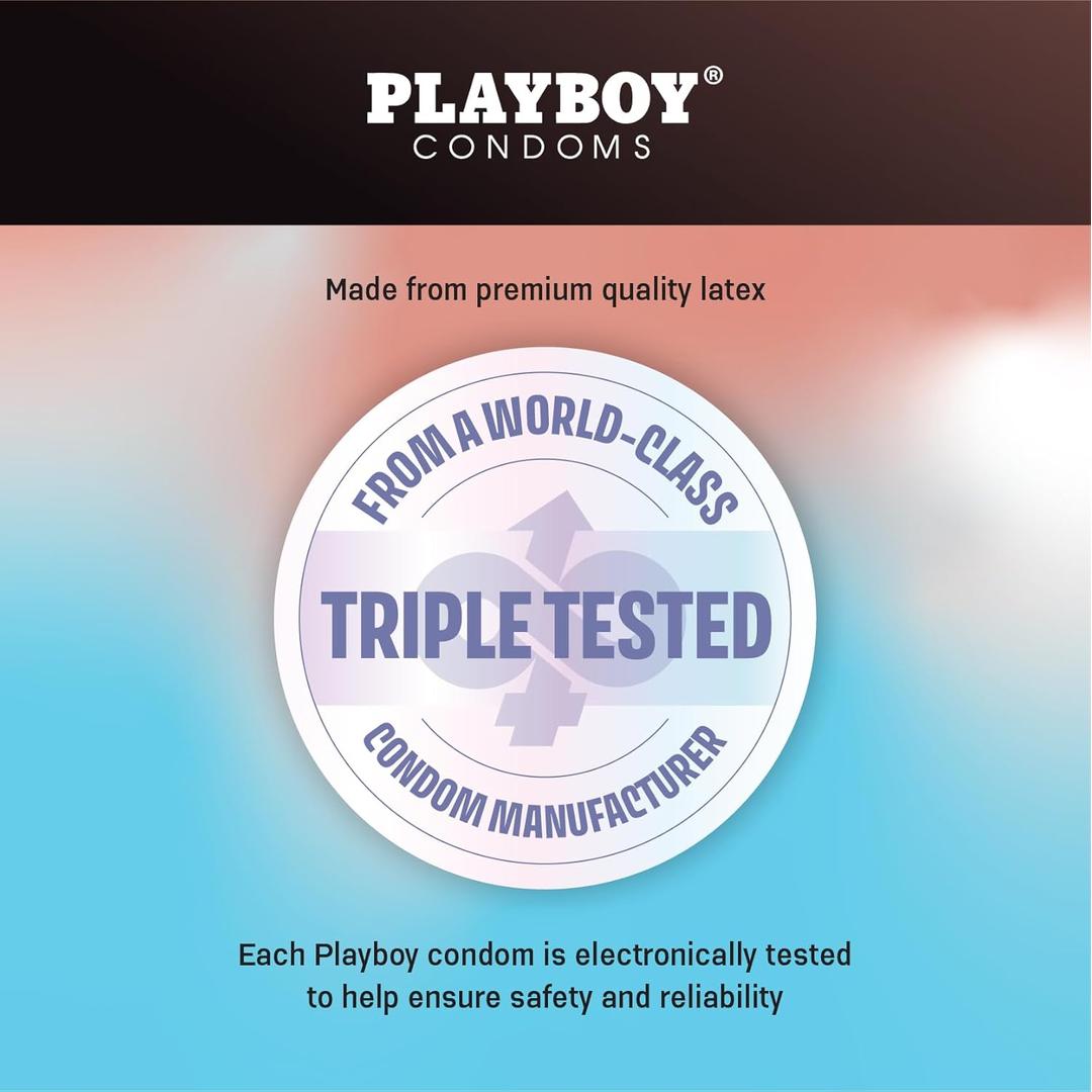 A promotional image for Playboy Condoms - Ultra Light XL Extra Large showcases these ultra thin condoms by Playboy, made from premium latex and "triple tested" electronically for safety and reliability.