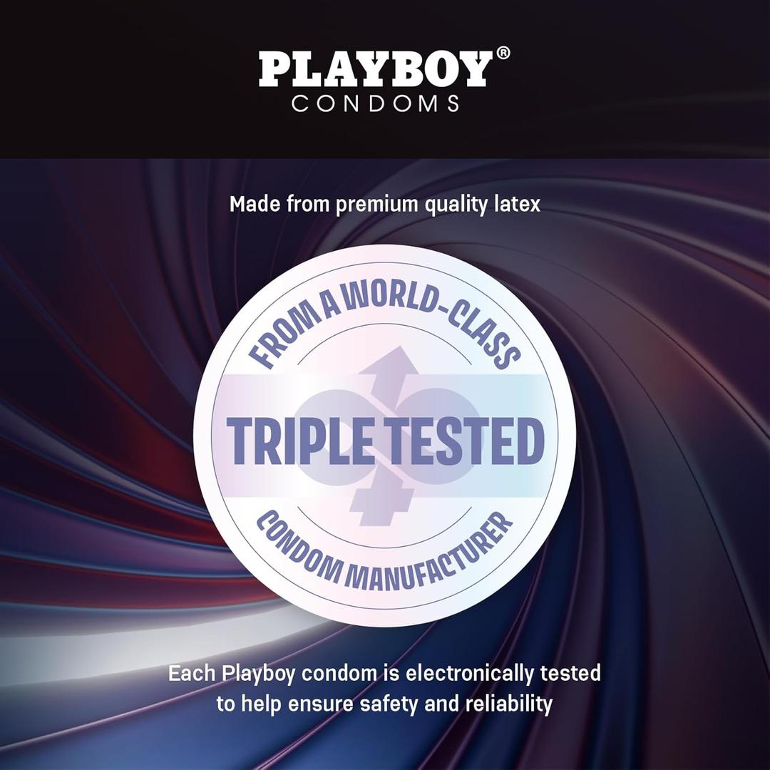 The Playboy Condoms - Spin-On Double Spiral logo appears above a badge stating "From a world-class condom manufacturer, triple tested." Below, text reads, "Each premium lubricated condom is electronically tested for safety and reliability.
