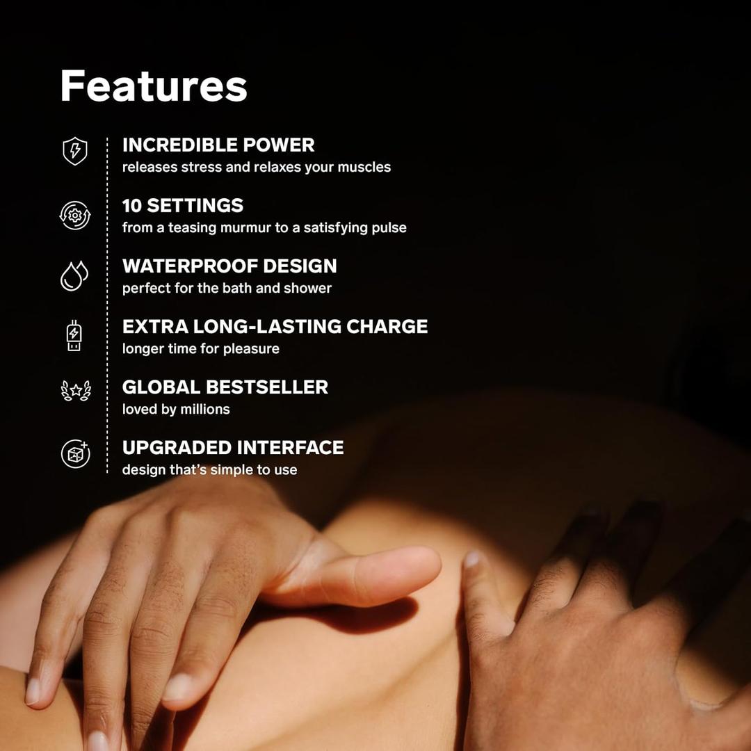 A close-up of hands on bare skin with a shadowy background, overlaid with icons and text highlighting the LELO Smart Wand 2 Large’s power, 10 settings, waterproof build, long-lasting charge, bestseller status, and upgraded sensual interface.