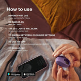A person holds the LELO Tor 3 - Base Blue vibrating couples' ring made from body-safe silicone beside a smartphone on a bed. Overlay text gives usage instructions and highlights the LELO app, with Google Play and App Store logos shown.