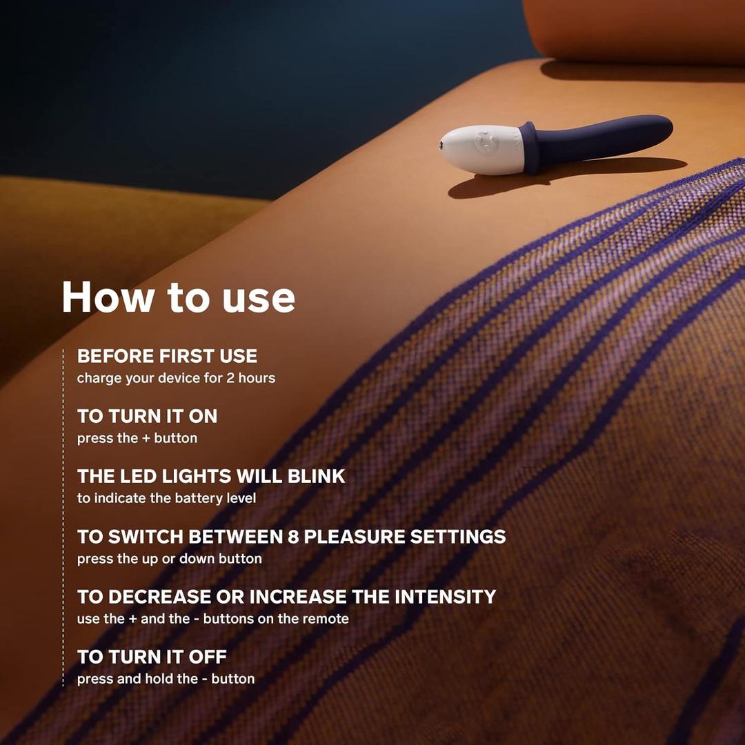 The LELO Billy 2 Vibrating Prostate Massager in deep blue, featuring an ergonomic design, sits on a striped blanket. Instructions explain charging, LED status, vibration settings, intensity control, and power functions.