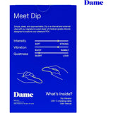 The blue packaging for the "Dame Dip 2.0 Bullet Vibrator Plum" by Dame Products emphasizes its ergonomic design and customizable settings for intensity, vibration, and quiet operation. The package features a graphic of the product and includes: the Dip vibrator, a USB-C rechargeable cable, and a user manual.