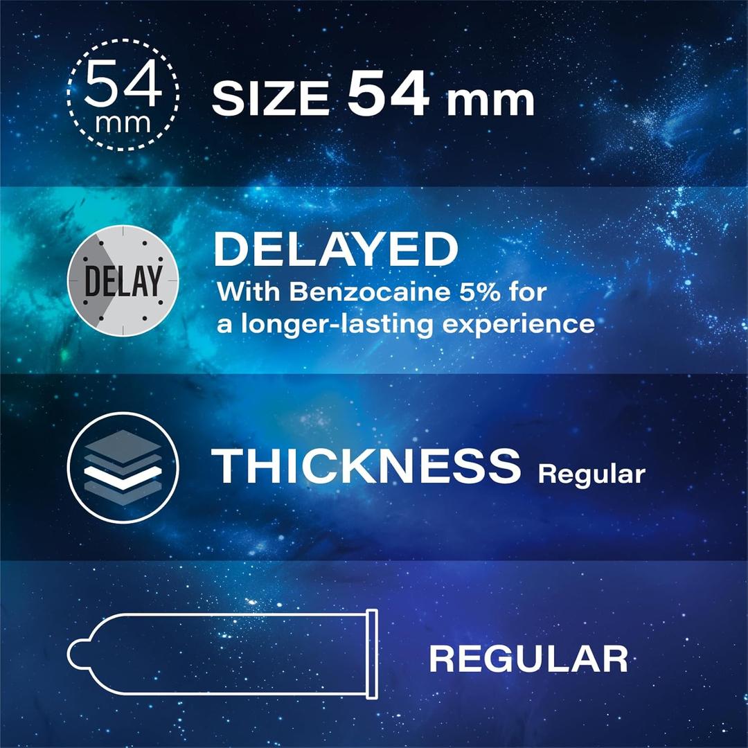 Infographic featuring Playboy Condoms - Pause Play Longer by Playboy: 54mm climax control condom with 5% benzocaine for delaying ejaculation, regular thickness, plus a condom icon on a blue space-themed background.