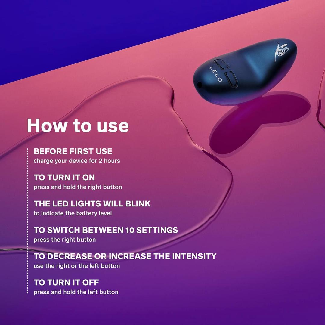 A LELO Nea 3 - Alien Blue massager and its remote rest on a glossy, pink and purple surface. Text beside them outlines steps for sexual wellness: charging, powering on, pleasure settings, and intensity adjustment.