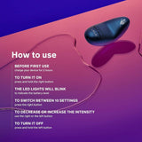 A LELO Nea 3 - Alien Blue massager and its remote rest on a glossy, pink and purple surface. Text beside them outlines steps for sexual wellness: charging, powering on, pleasure settings, and intensity adjustment.