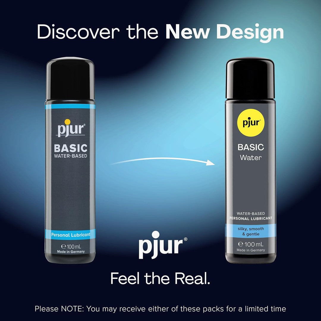 Displayed are two bottles of Pjur "Basic" Water-Based Lubricant, one featuring a sleek "BASIC WATER-BASED" label and the other labeled as "BASIC Water." The top showcases the phrase “Discover the New Design,” while at the bottom it reads “Feel the Real.” This lubricant, dermatologically tested for safety, is ideal for sensitive skin.