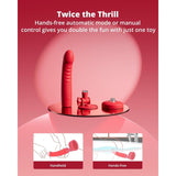 The Lovense Mission 2 Vibrating Suction Cup Dildo, set against a vivid red background, is a sleek red device with versatile attachments. It offers hands-free automatic/manual modes and Touch-Sense Technology. Illustrations show both handheld and hands-free use through the Lovense Remote app.