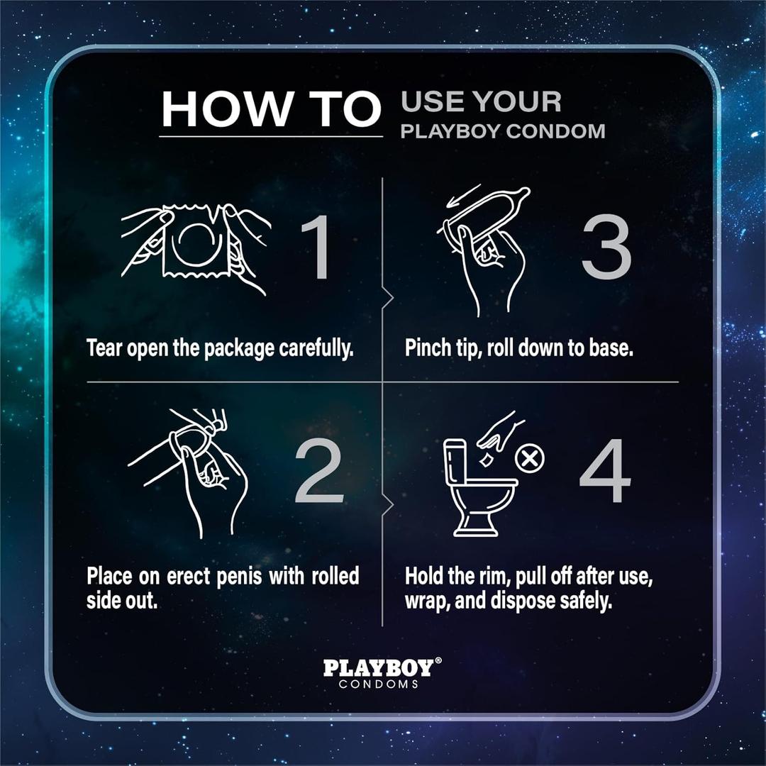 Infographic: 4 steps to use Playboy Condoms - Pause Play Longer—1) Tear open gently, 2) Place on erect penis rolled side out, 3) Pinch tip and roll to base, 4) After use, remove, wrap securely, and dispose safely. Brand: Playboy.