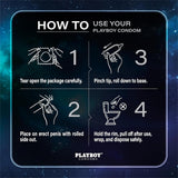 Infographic: 4 steps to use Playboy Condoms - Pause Play Longer—1) Tear open gently, 2) Place on erect penis rolled side out, 3) Pinch tip and roll to base, 4) After use, remove, wrap securely, and dispose safely. Brand: Playboy.