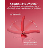 Illustration of the Lovense Mission 2 Vibrating Suction Cup Dildo in red, showing its compatibility with the Lovense Remote app. The dildo moves in a 180-degree arc with water droplets at the base, emphasizing its adjustable feature and strong suction on smooth surfaces.