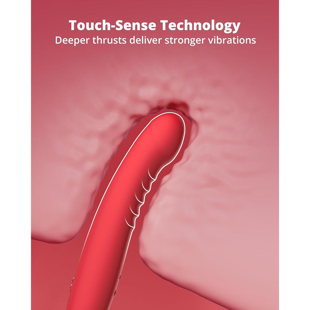 A red, curved Lovense Mission 2 Vibrating Suction Cup Dildo is showcased in a pink setting, illustrating Touch-Sense Technology. Text reads: "Lovense Mission 2: Deeper thrusts deliver stronger vibrations with the Lovense Remote app.