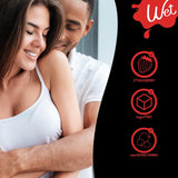 A man embracing a smiling woman from behind illustrates the happiness of connection. To the right, symbols show that Wet "Sexy Strawberry" Warming Lubricant is sugar-free and non-staining. The brand name "Wet" stands out at the top, showcasing its variety of exciting flavors.