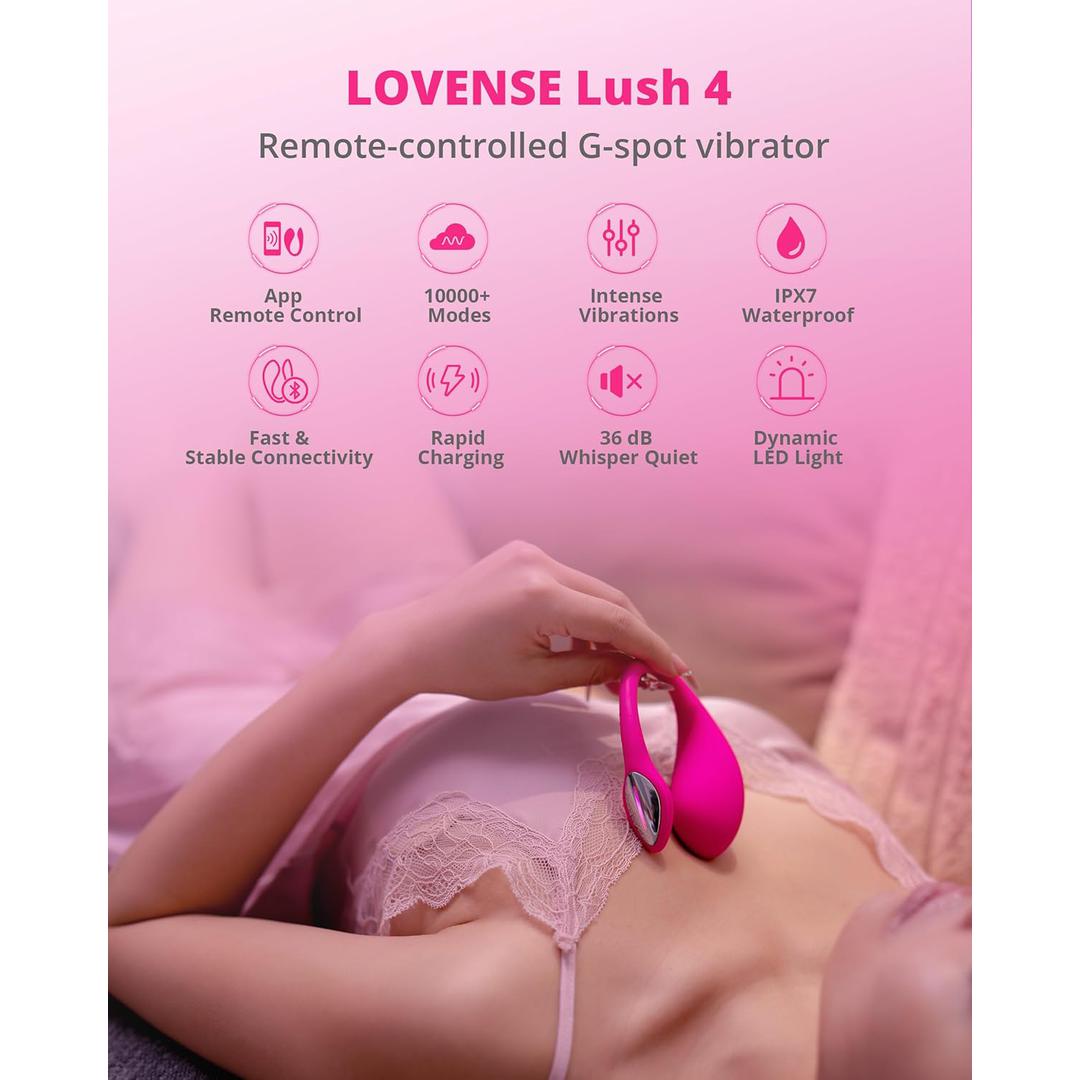 A person lounging comfortably, holding the Lovense Lush 4 Remote Controlled Egg Vibrator. The description highlights features: app control, 10,000+ modes, powerful vibrations, IPX7 waterproofing, fast connection and charging, whisper-quiet at 36 dB, and vibrant LED lighting.