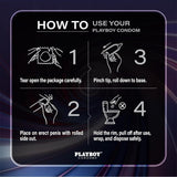 Infographic showing four steps for Playboy Condoms - Spin-On Double Spiral: open pack, place premium lubricated double spiral condom on erect penis, pinch tip and roll down, then remove and dispose safely in trash after use.