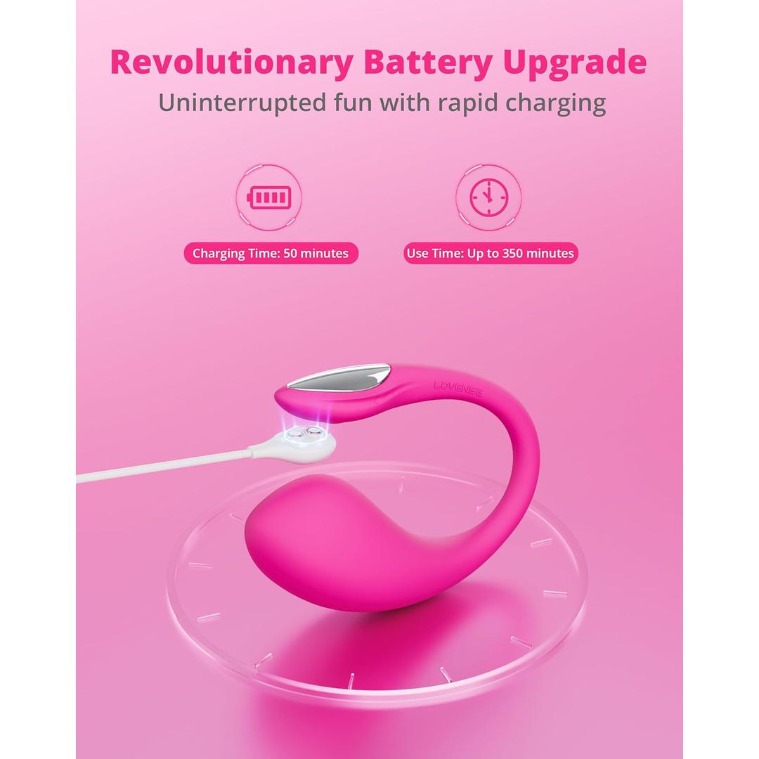 The Lovense Lush 4 Remote Controlled Egg Vibrator, a pink dual-stimulation G-spot device, features a revolutionary battery upgrade on its charging pad. With customizable lighting, it charges in 50 minutes for up to 350 minutes of use against a gradient pink backdrop for added allure.