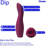 The Dame Dip 2.0 Bullet Vibrator Plum by Dame Products is a personal massager in a rich plum hue, designed with an ergonomic curve for comfort. It boasts features like beginner-friendly functionality, easy one-button control, five different vibration intensities, medical-grade silicone construction, water resistance, and USB-C recharging capability. The accompanying text encourages self-care with the message: "Get in the Flow; self-care as easy as pressing a button.