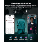 Smartphone screens display a chat app and video call, showcasing features of the blue Lovense Gush 2 remote-controlled penis vibrator. Text highlights remote control, custom patterns, sound control, and music syncing, with icons at the bottom.