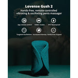 Advertisement for Lovense Gush 2 Remote-controlled Penis Vibrator: Hands-free, app-controlled with 10,000+ modes, IPX7 waterproof, featuring targeted oscillations and increased intensity for a hands-free orgasm.