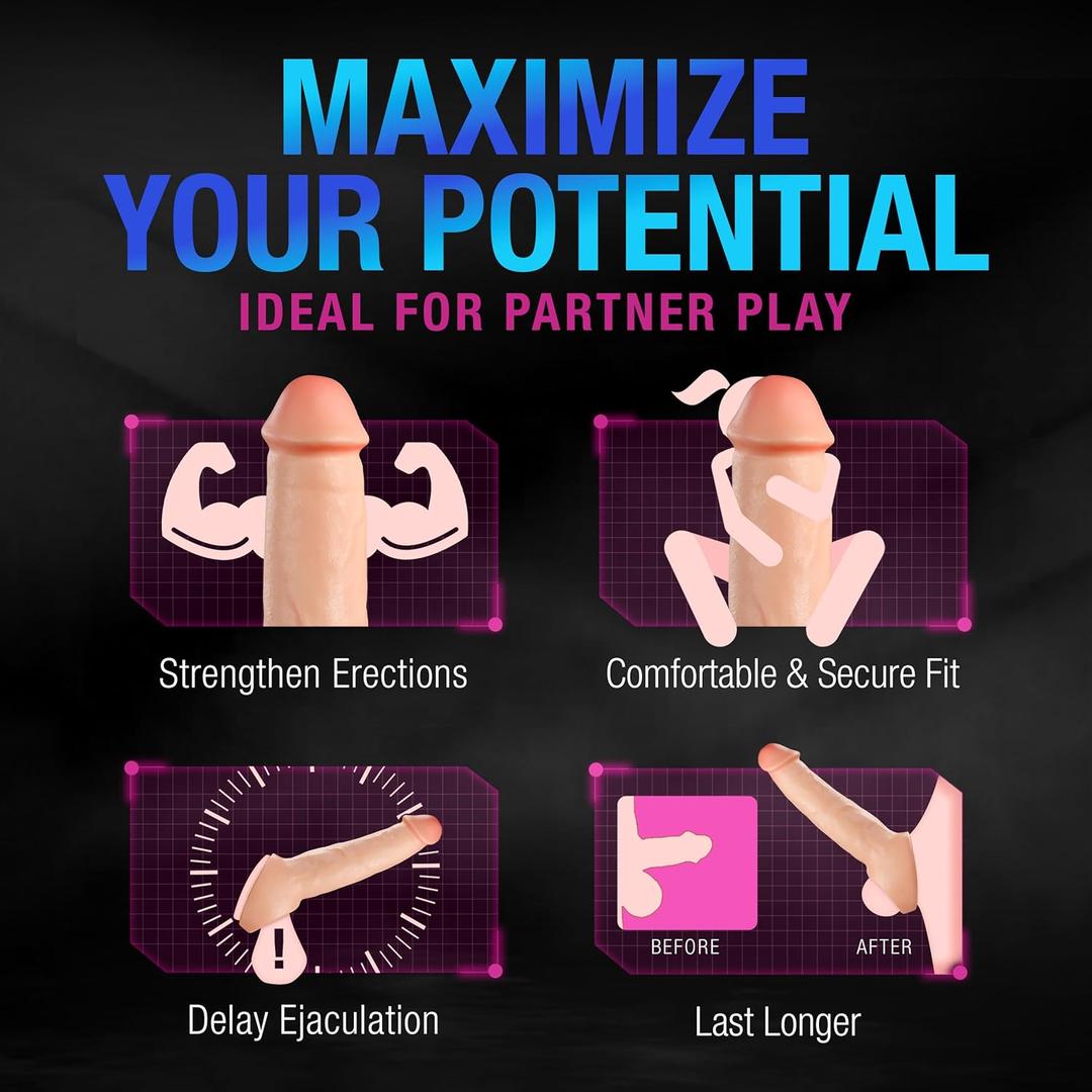 Infographic with four penis illustrations highlights benefits of the Performance Plus Thrive 2.5" Penis Xtender by Blush Novelties: stronger erections, secure fit, delayed ejaculation, and longer lasting performance, with icons and text on a dark background.
