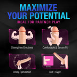 Infographic with four penis illustrations highlights benefits of the Performance Plus Thrive 2.5" Penis Xtender by Blush Novelties: stronger erections, secure fit, delayed ejaculation, and longer lasting performance, with icons and text on a dark background.