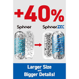 Two clear textured male strokers with blue accents, including the Tenga Spinner DX 01 Drops by Tenga, are shown side by side. The right spinning masturbator is larger, with "+40%" in bold red and "Larger Size and Bigger Details!" below in white on blue.