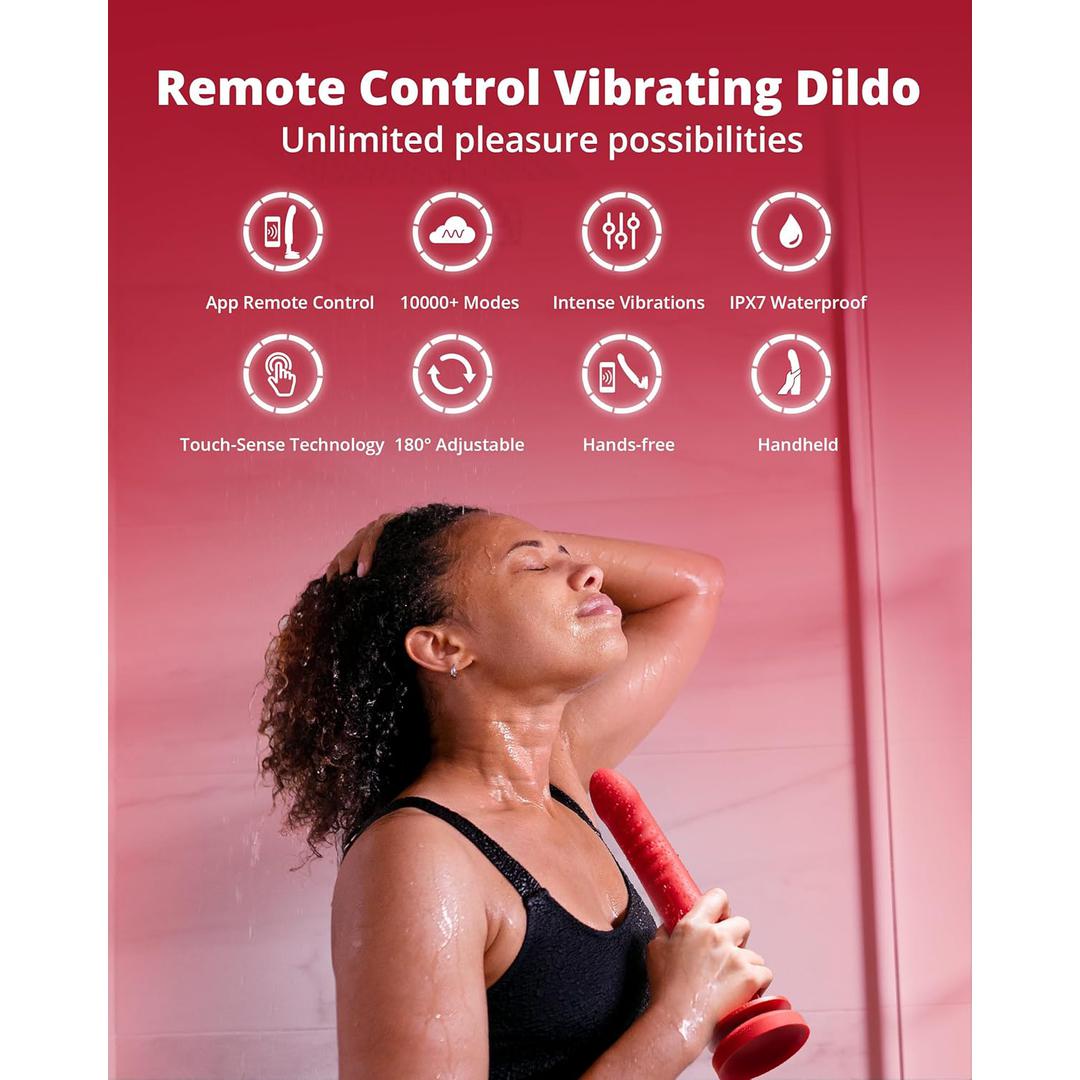 A person stands under a shower, eyes closed, holding a red object. Text highlights the Lovense Mission 2 Vibrating Suction Cup Dildo with its features: app control, 10,000+ modes, intense vibrations, waterproof design, Touch-Sense Technology, and adjustable hands-free settings.