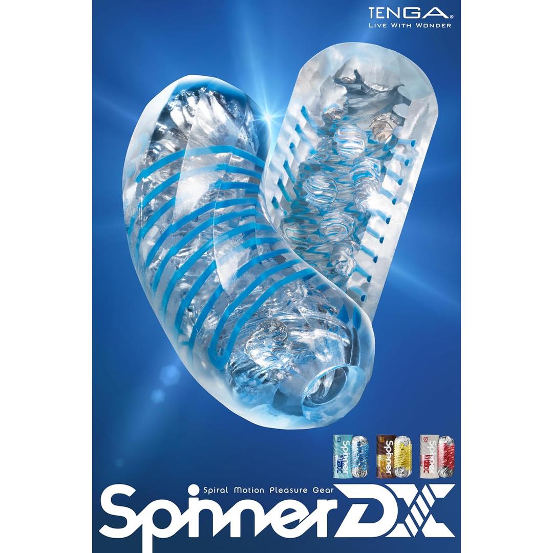 Two translucent, cylindrical masturbators with blue spiral bands—Tenga Spinner DX 01 Drops by Tenga—are shown on a blue background. "TENGA Spinner DX" text and images of DX 01 and other variants appear at the bottom.