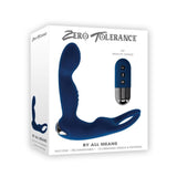 Box showcasing the Zero Tolerance By All Means remote control prostate vibrator in navy blue. Key features include "silicone," "rechargeable," and "10 vibrating speeds & patterns" with a Turbo Mode for enhanced pleasure. The packaging also displays a sleek remote control with user-friendly buttons.