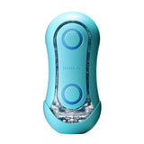 A U-shaped device in turquoise with two circular buttons in the center and the brand name "Tenga" displayed between them. The Tenga Flip Orb Ocean Blue features a transparent, textured interior material created for pleasure, offering unparalleled tactile stimulation.