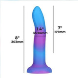 Photo of the BMS Addiction Rave Glow-in-the-Dark Bendable Vibrating Dong in blue and purple, 8" tall with a 7" insertable length, 1.4" diameter, premium silicone, flared strong suction base.