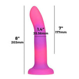 The BMS Addiction Rave Glow-in-the-Dark Bendable Vibrating Dong in pink and purple is made from premium silicone, harness compatible, has a flared base, 8" total length, 7" insertable, and 1.4" diameter.