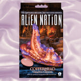The Icon Brands Alien Nation Copperhead Grinder features a pink and orange tentacled fantasy design with a remote, set in an alien cave scene. This vibrating insertable from Icon Brands invites new sensations from another world.