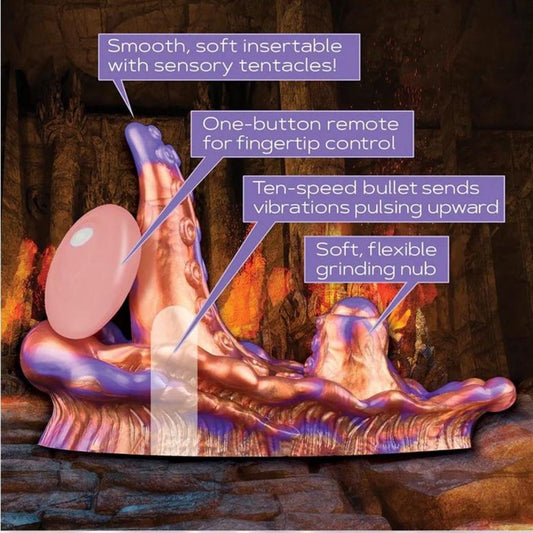 The Icon Brands Alien Nation Copperhead Grinder is a silicone toy with sensory tentacles, a 10-speed vibrating bullet, one-button remote, and soft nub. Text labels highlight each feature in a warm, cave-inspired setting. 1080