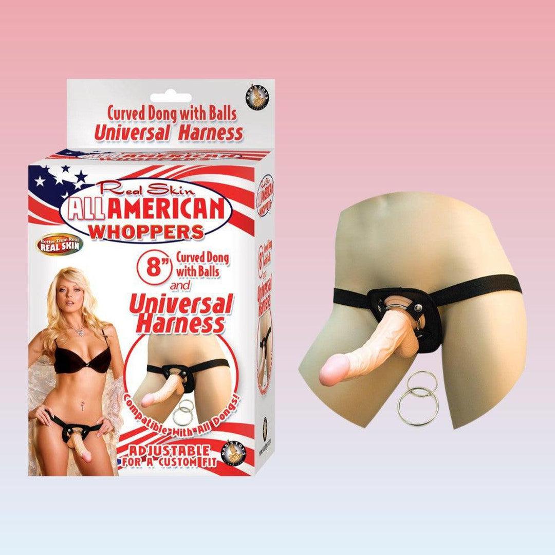 Product image of the "All American Whoppers 8-Inch Dong With Universal Strap-on Harness" by Nasstoys, featuring an 8-inch flexible dong with balls and a universal strap-on harness. The box shows a model wearing the product, alongside the realistic dong displayed separately on a mannequin-like form. The background is a gradient of pink and blue.