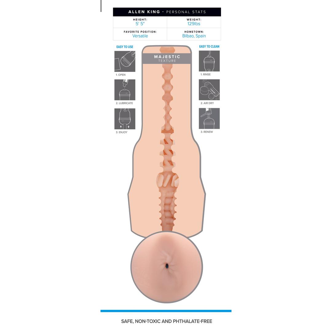 A diagram showcases the Fleshlight Fleshjack Boys Allen King: Realistic Male Masturbator Majestic Cake Butt, featuring its exclusive sleeve, detailed internal texture, usage and cleaning tips, character stats, and notes it’s SAFE, NON-TOXIC & PHTHALATE-FREE.