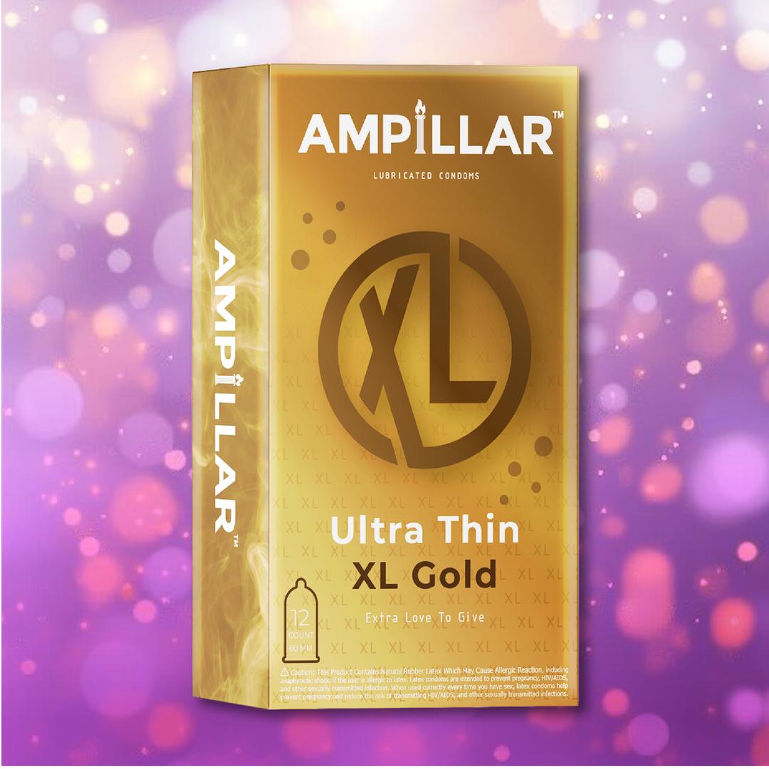 A gold box of Playboy Ampillar Ultra Thin XL Gold condoms, featuring bold XL lettering and "Extra Love To Give," is displayed against a purple-pink bokeh background. Contains 12 extra large lubricated natural latex condoms.