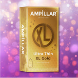 A gold box of Playboy Ampillar Ultra Thin XL Gold condoms, featuring bold XL lettering and "Extra Love To Give," is displayed against a purple-pink bokeh background. Contains 12 extra large lubricated natural latex condoms.