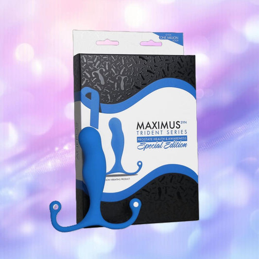 The Aneros Maximus Syn Trident Series Special Edition blue silicone prostate massager is shown in front of its black and white "Maximus Trident Series" box, set against a blurred purple and pink background. 1080
