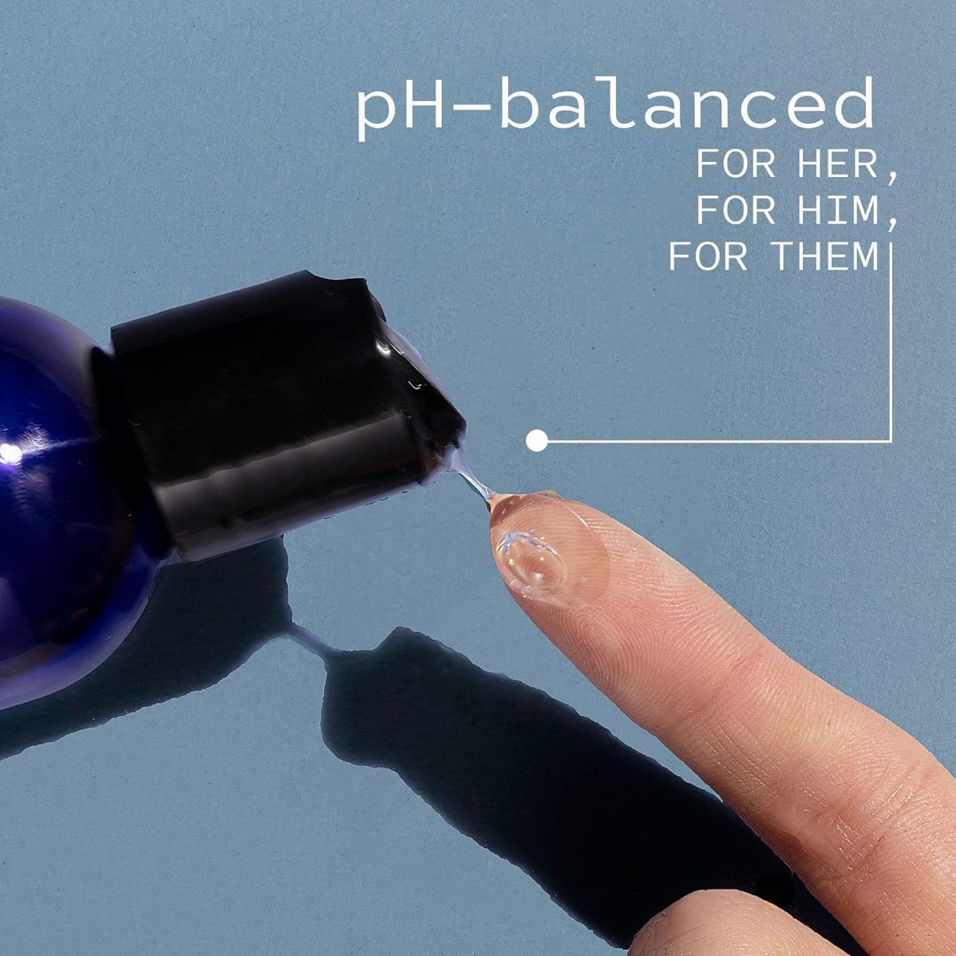 A person's fingertip dispensing a small amount of clear gel from a blue bottle with a black flip cap against a blue background. Text reads: "Aqua Lube Water-Based Personal Lubricant by Kimono: pH-balanced, for her, for him, for them.