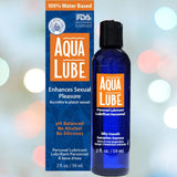 A blue bottle of Aqua Lube Water-Based Personal Lubricant by Kimono is showcased beside its packaging, which highlights its pH-balanced formula, absence of alcohol and silicones, and silky smooth sensation. The package notes its FDA registration and a content volume of 2 fl. oz.