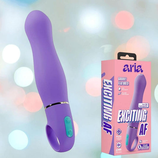 An indigo Aria Rechargeable Vibe by Blush Novelties with a loop handle and control buttons is displayed beside its "Aria Exciting AF" packaging, featuring product highlights on a pastel bokeh background. 1080
