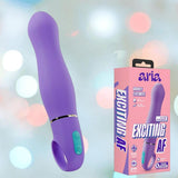 An indigo Aria Rechargeable Vibe by Blush Novelties with a loop handle and control buttons is displayed beside its "Aria Exciting AF" packaging, featuring product highlights on a pastel bokeh background.