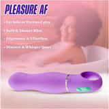 The Aria Rechargeable Vibe Exciting AF-Indigo by Blush Novelties is shown near a woman in the bath. Text highlights solo or partner play, use in bath or shower, ergonomic design, plus a discreet and quiet motor.